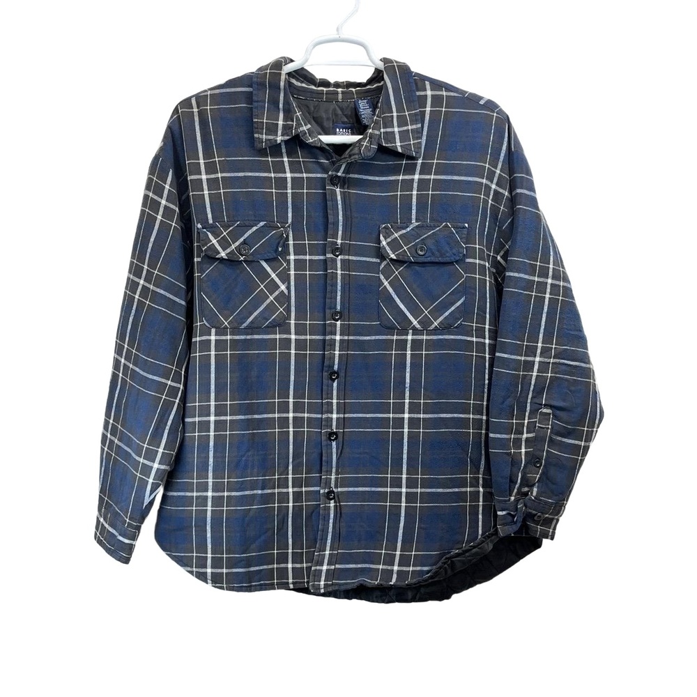 Vintage Basic Editions Mens Navy Grey Cotton Plaid Quilt Lined Flannel Jacket XL